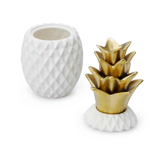 Caja Deco Ananas M Cerámica Blanco/Dorado