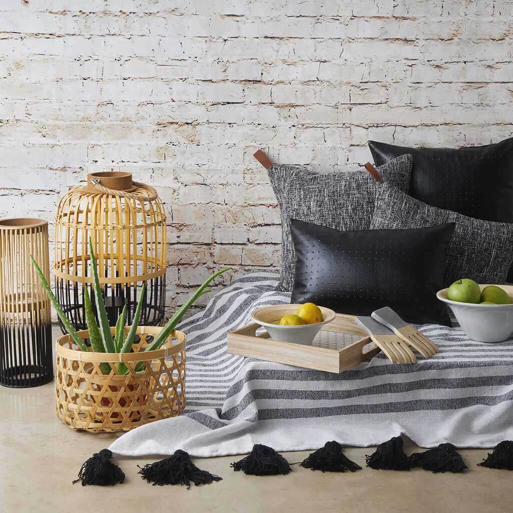 Manta Jaipur Rayas Borlas Beige/Negro