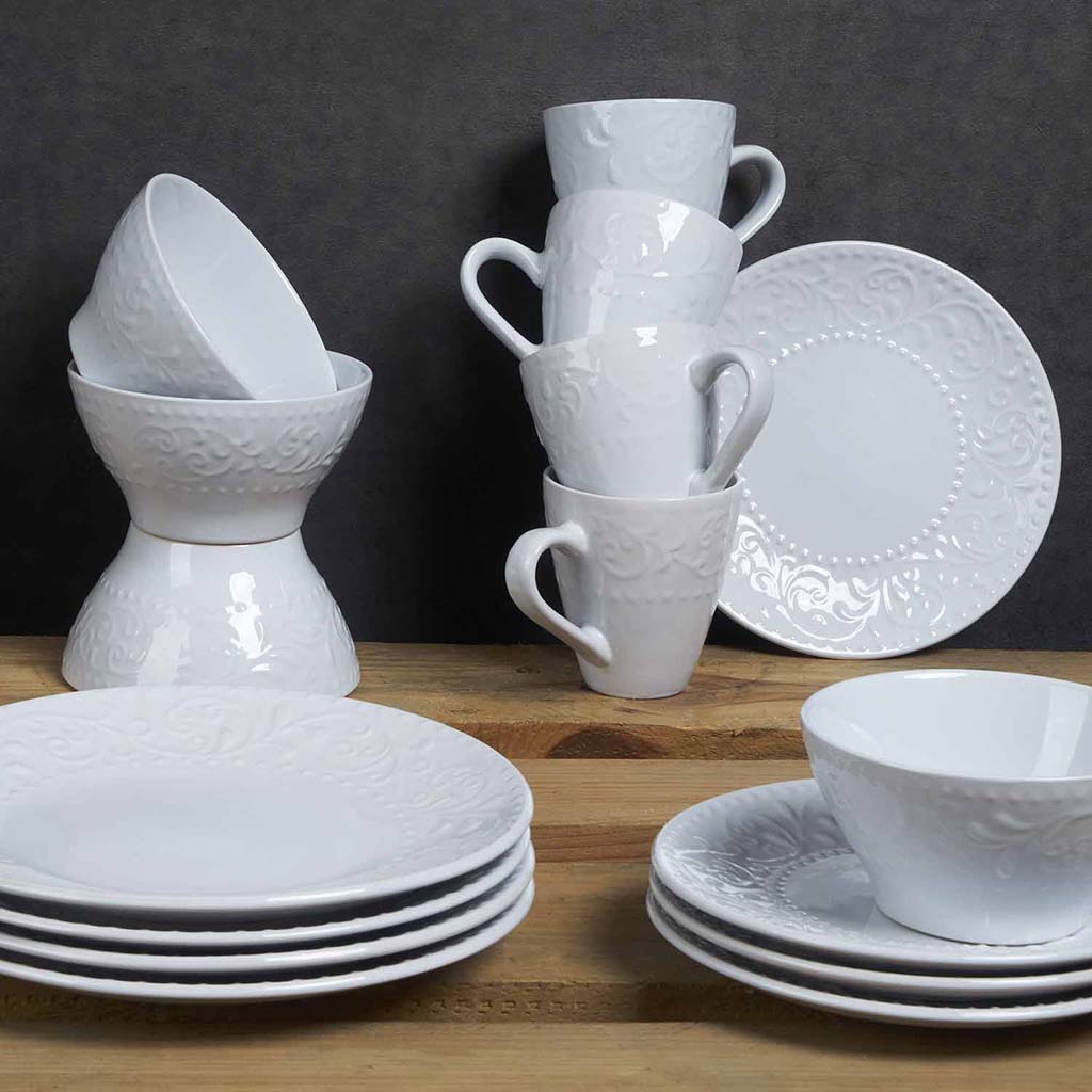 Set Vajilla Completo 16 Piezas Avignon Grabad Blanco