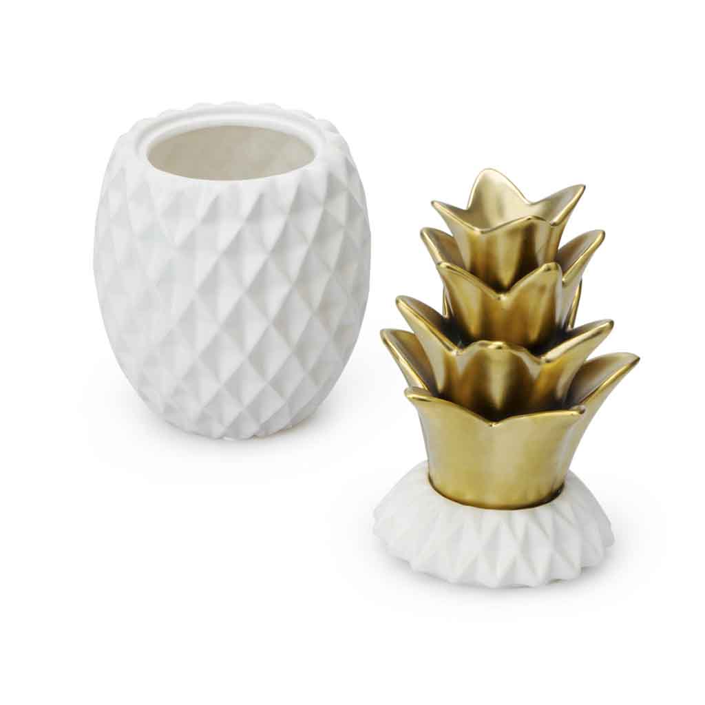 Caja Deco Ananas M Cerámica Blanco/Dorado